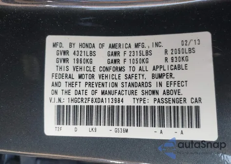 2013 Honda Accord Ex-L from USA, damaged, VIN 1HGCR2F8XDA113984